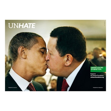A Photoshop-manipulated image of Barack Obama and Hugo Chavez making out in a 2011 controversial ad ...