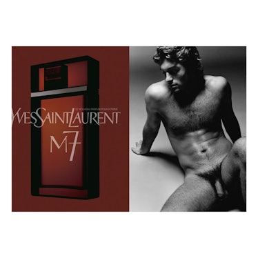 The controversial Yves Saint Laurent perfume ad in 2002 featuring a nude model.