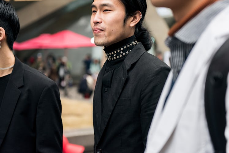 South Korea’s street style star wearing a black turtleneck with studs