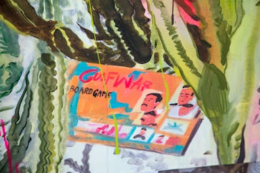 An abstract painting of a magazine cover and various plants around it