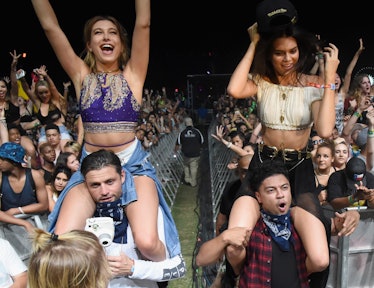 Hailey Bieber and Kendall Jenner sitting on people's shoulders at Coachella