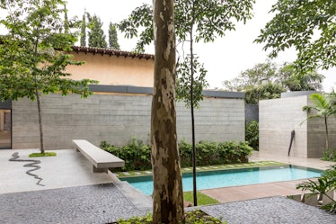The backyard of Fernanda Feitosa's house with a pool and seating area, surrounded by large trees 