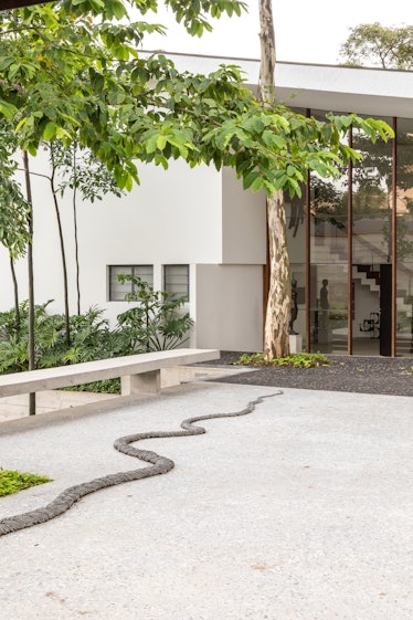 The entrance to Fernanda Feitosa's house, surrounded by trees 