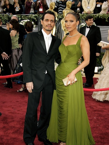 Jennifer Lopez wearing a green vintage dress at the 78th Annual Academy Awards red carpet