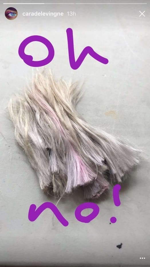 An Instagram story post by Cara Delevingne with her chopped of hair and the text 'Oh no!'