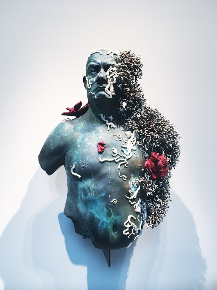 A coralized version of Damien Hirst's self-portrait hanging on a white wall