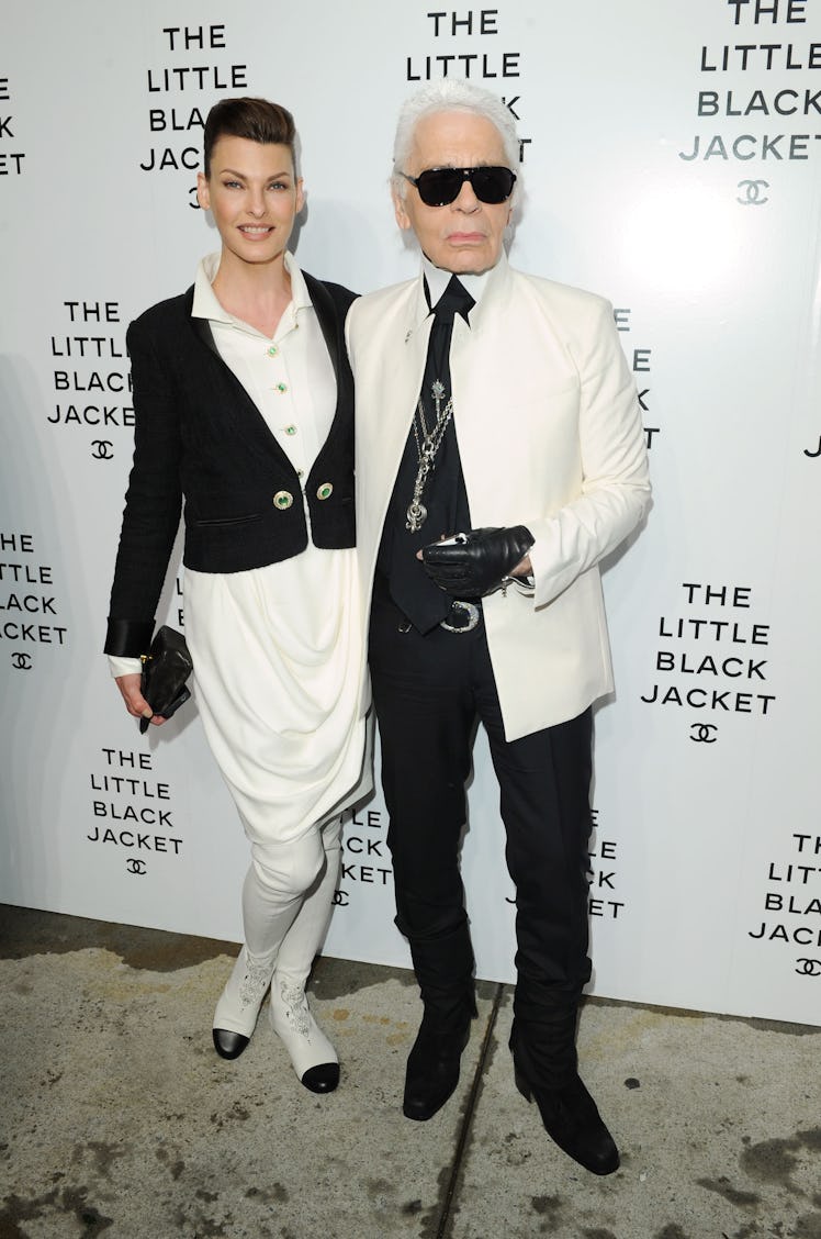 Linda Evangelista and Karl Lagerfeld attend The Little Black Jacket: CHANEL’s Classic Revisited By K...