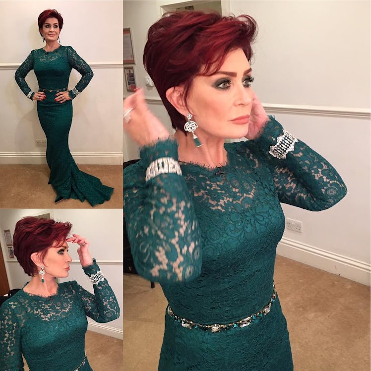 A three-part collage of Sharon Osbourne in a teal lace dress and silver jewelry