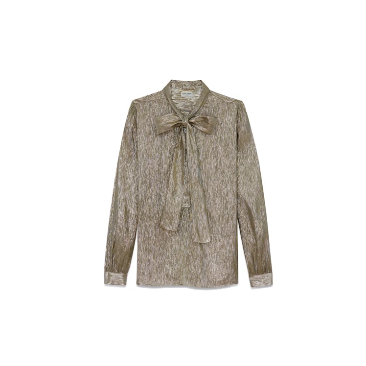 Saint Laurent long sleeve lavaliere blouse in gold and silver silk and lurex muslin
