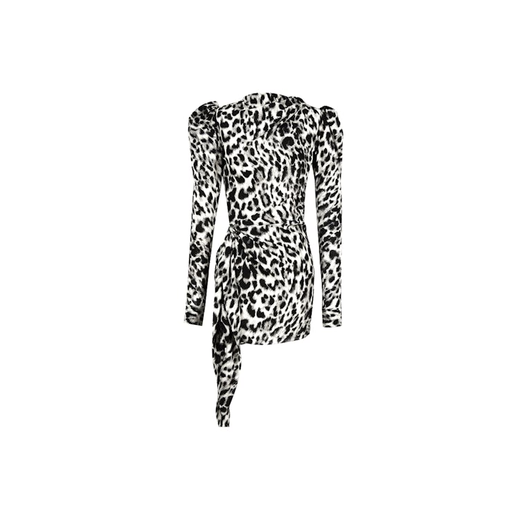 Saint Laurent black and grey leopard print stand-up collar mini dress