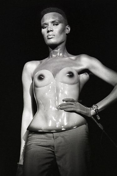 Grace Jones performs live at The Royal Theatre Carré in Amsterdam, Netherlands in 1981 wearing a bus...