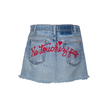 Don’t Touch Repurposed Denim skirt with red embroidery by Kendall and Kylie