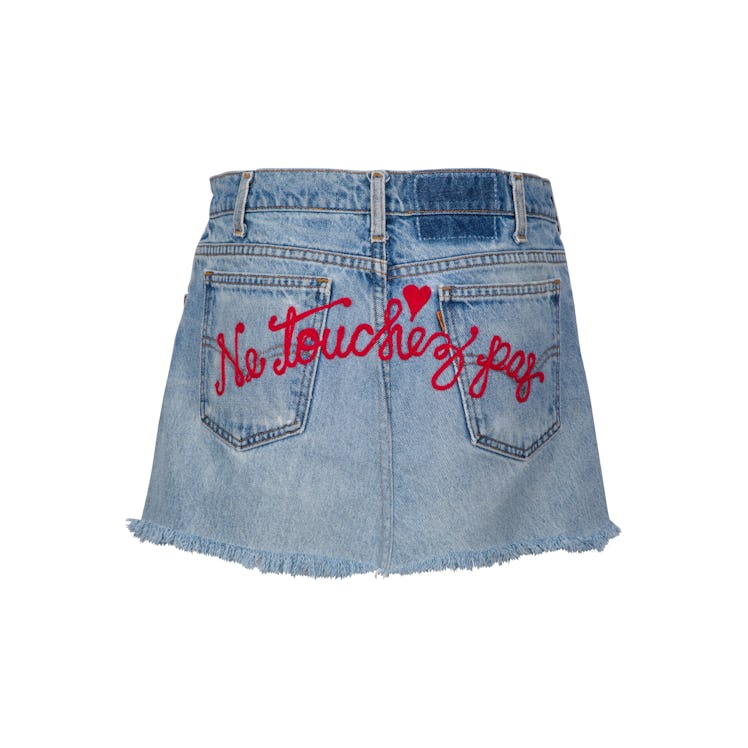 Don’t Touch Repurposed Denim skirt with red embroidery by Kendall and Kylie