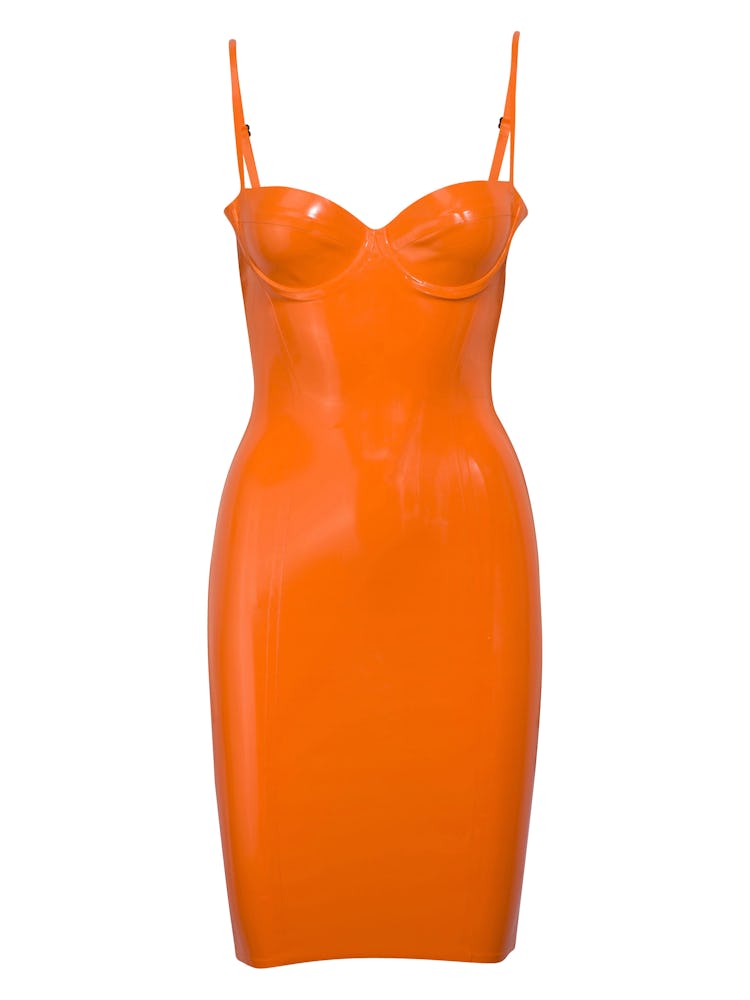 A burnt orange latex dress