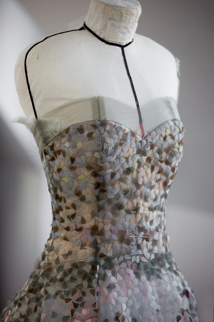 A bustier of Elle Fanning’s Cannes gown at the beginning of its construction