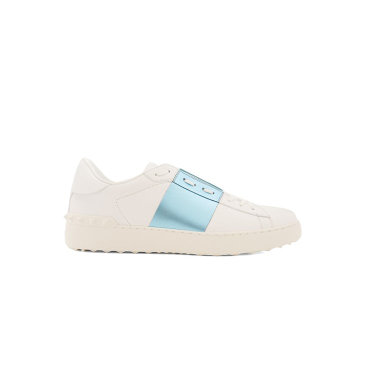 Valentino, Colour-block leather low-top trainer in white and blue for the perfect summer outfit