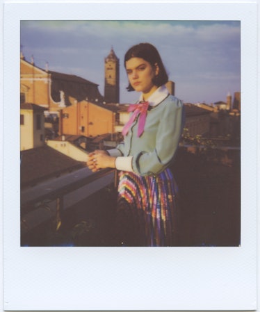 Soko posing on a private terrace overlooking Bologna
