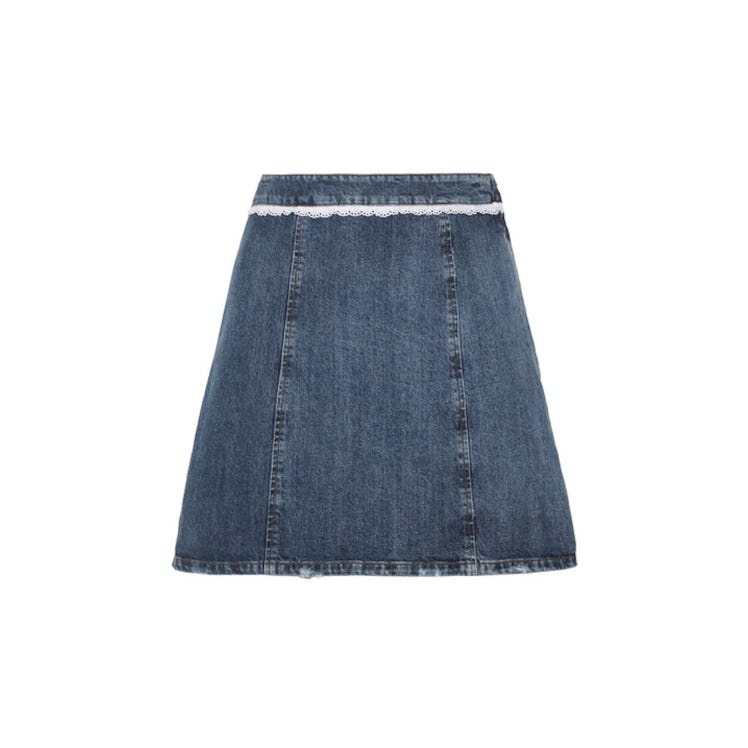 A blue Miu Miu Broderie anglaise-trimmed denim mini skirt