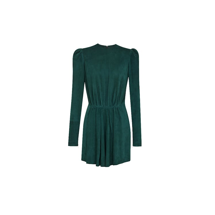 A green Saint Laurent Suede gathered-waist mini dress