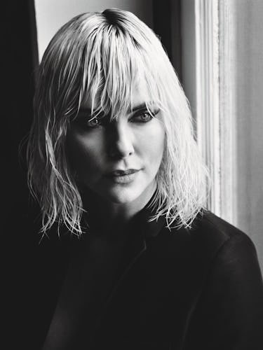 Jean skirt, black tights, scarf, and hat outfit