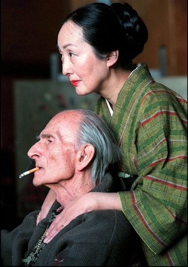 Painter Balthus and his wife Setsuko in their wooden hut of Rossiniere, Switzerland in February, 199...