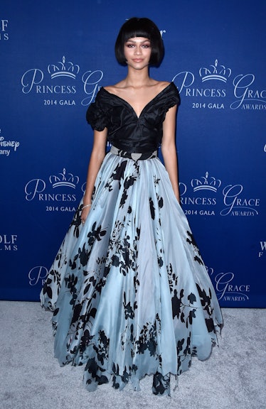 Zendaya in a light blue gown with a black top