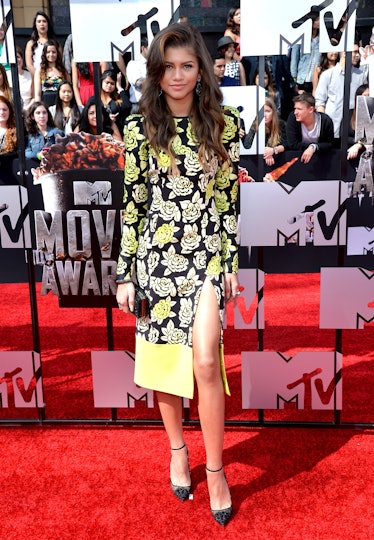 Zendaya in a yellow and black floral dress