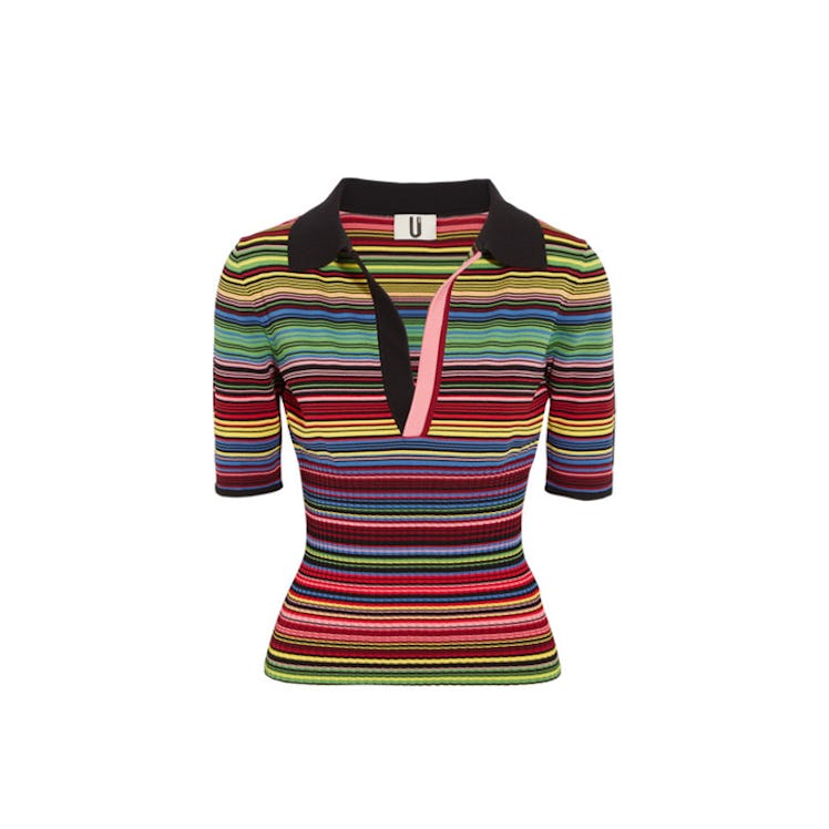 Topshop Unique, Striped Ribbed Stretch Knit Polo Shirt