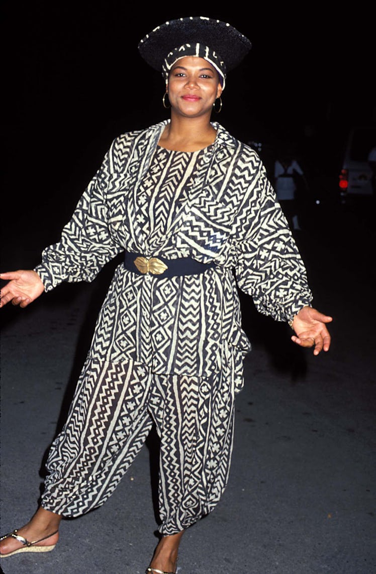 Queen Latifah performing at the 1990 MTV Video Music Awards wearing an Ethno co-ord set.