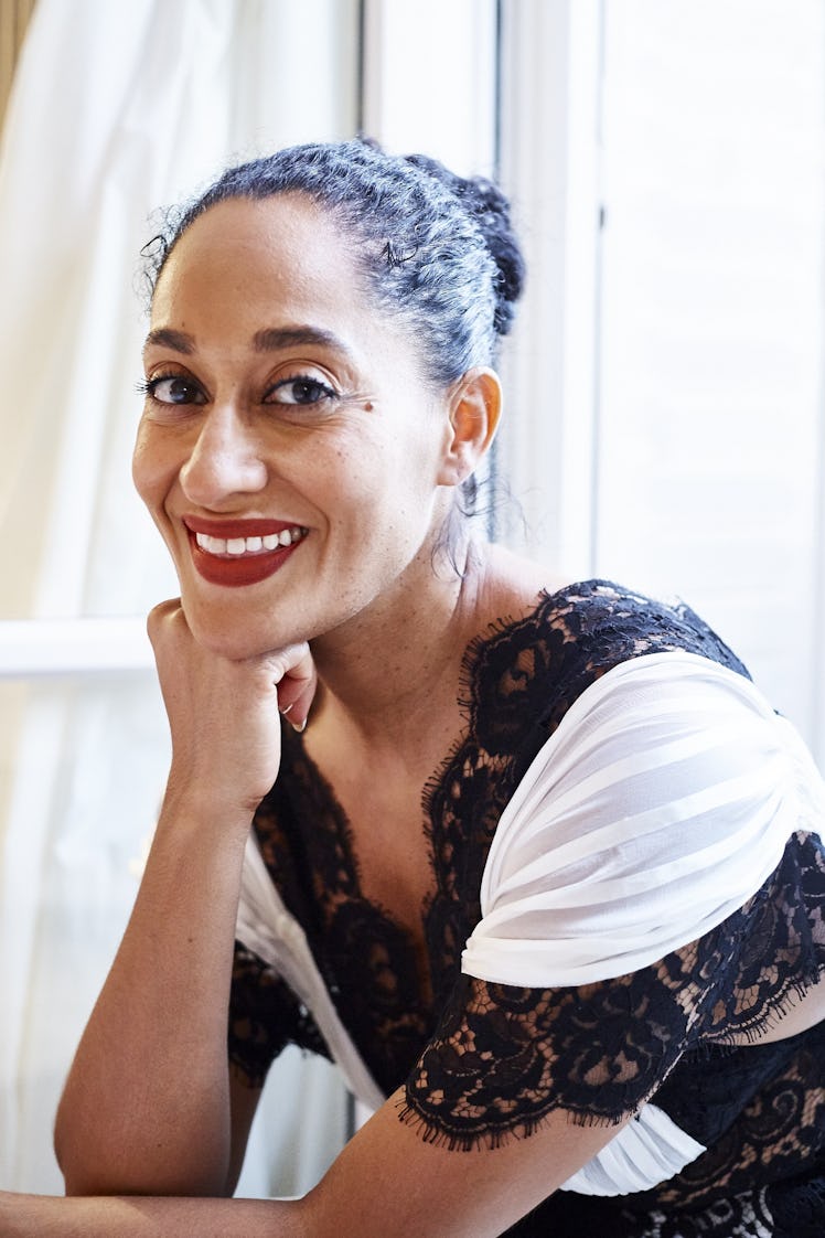 Tracee Ellis Ross posing in black-and-white Rodarte dress with lace details