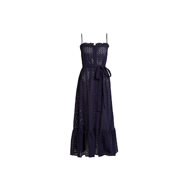 A black Lisa Marie Fernandez ruffled-hem broderie-anglaise cotton slip dress