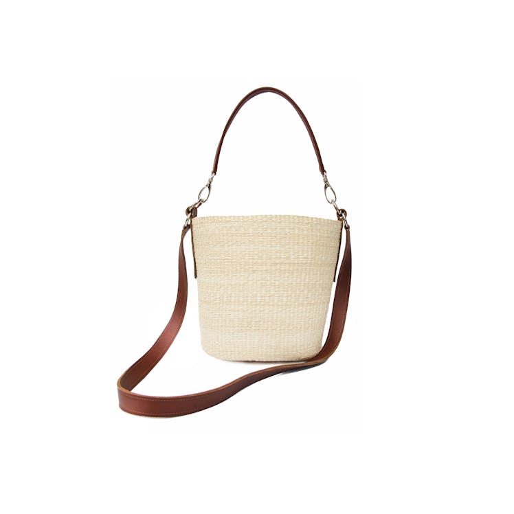 Double leather cross body bucket bag with camel leather strap in natural