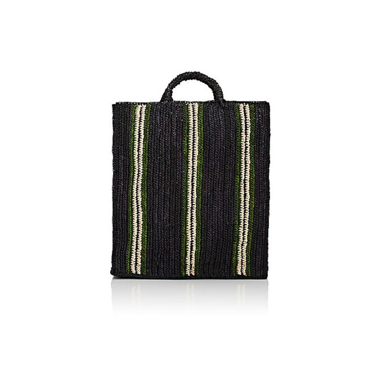 Soeur Vendredi handcrafted striped woven raffia tote bag with woven raffia handles and open top in n...