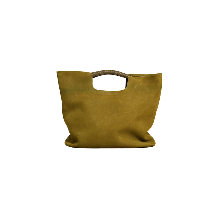 Simon Miller US-made simple soft French nubuck Birch tote bag with leather wrapped handle in moss