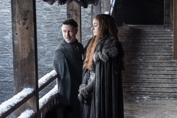 An insert with Sansa and Petyr “Littlefinger” Baelish from Game of Thrones Season 7 Preview 