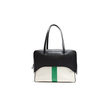 Tibi curved black leather and canvas tote with bright green stripe