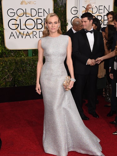 Diane Kruger in a long silver shimmer gown at the 72nd Annual Golden Globe Awards