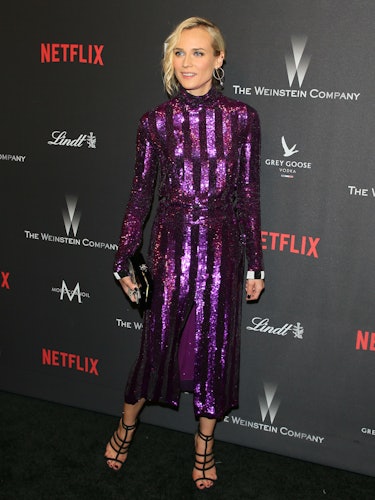 Diane Kruger in a purple striped sequin dress at the The Weinstein Company and Netflix Golden Globe ...