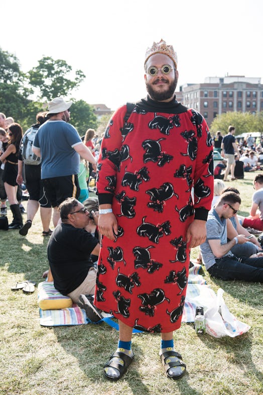 A Pitchfork Music Festival attendee in a red-black dress with dog print