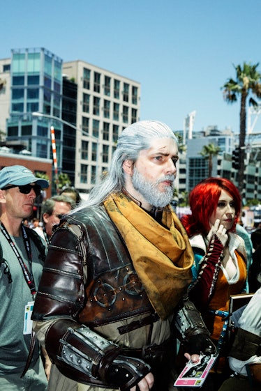 A man wearing the Witcher costume at the 2017 Comic-Con International, held in San Diego