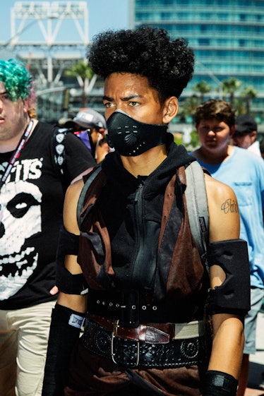 A visitor wearing a costume at the 2017 Comic-Con International, held in San Diego
