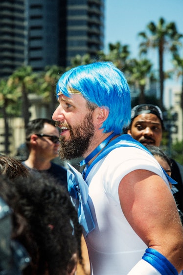 A man dressed as a comic book character at the 2017 Comic-Con International, held in San Diego