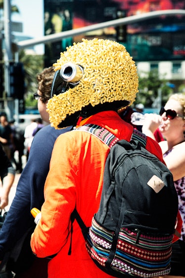 A person wearing a yellow helmet at the 2017 Comic-Con International, held in San Diego