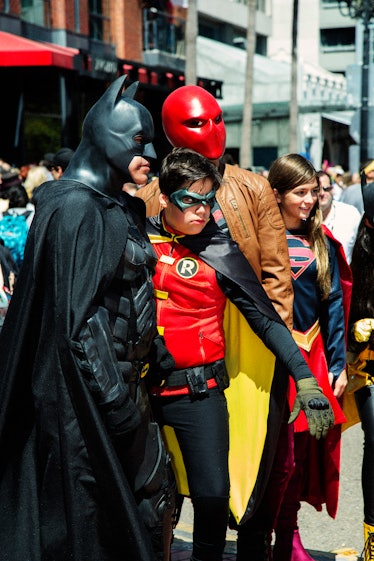 Visitors dressed as superheroes at the 2017 Comic-Con International, held in San Diego 