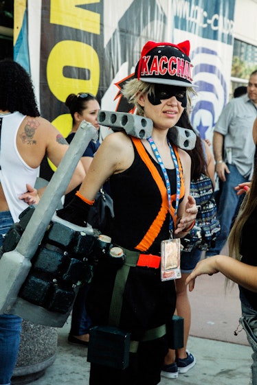 A person wearing a comic book-inspired costume