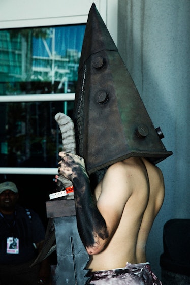 A person wearing Pyramid Head costume at the 2017 Comic-Con International, held in San Diego