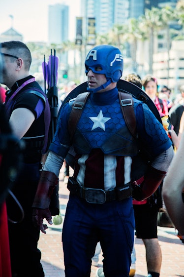 A man wearing the Captain America costume at the 2017 Comic-Con International, held in San Diego