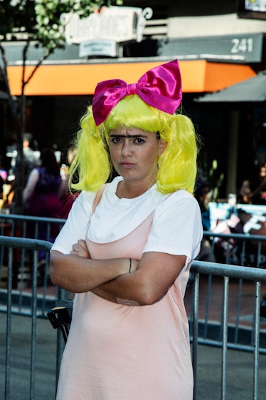A person wearing a comic-inspired costume at the 2017 Comic-Con International, held in San Diego