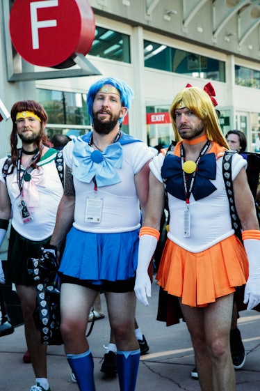 Two visitors wearing matching Anime-inspired costumes at the 2017 Comic-Con International, held in S...
