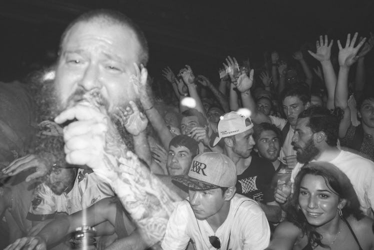 Collage of Action Bronson singing with a microphone and his concert crowd